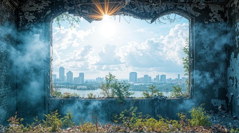 建物の残骸から広がる都市と水辺の景色の写真